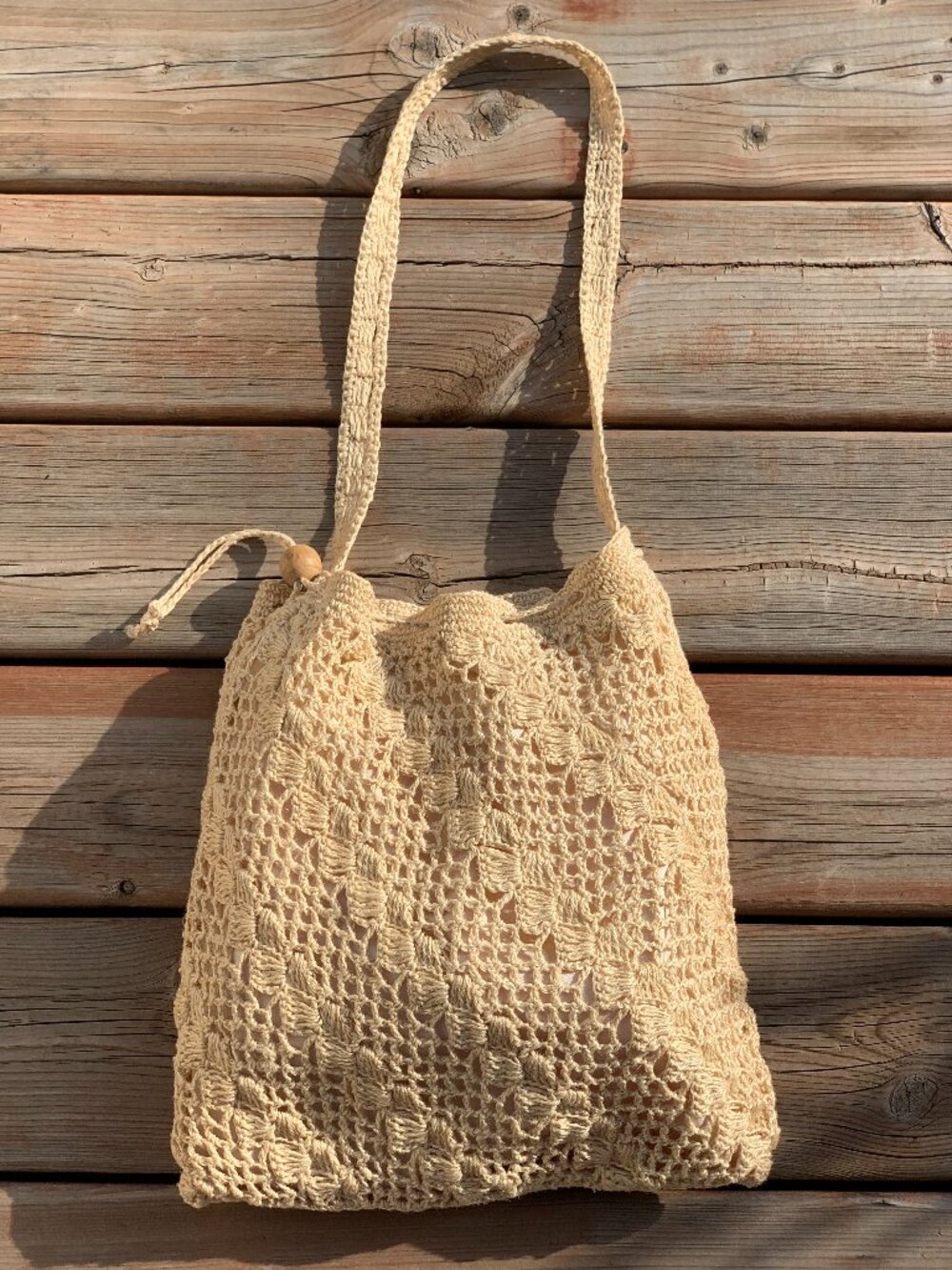 Crochet Straw Tote Bag Handbag Shoulder Bag Beige Drawstring Summer Beach Boho